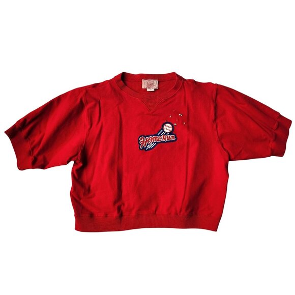 Vintage 80s 90s Red Cropped Baseball Sweatshirt Small Cotton Home Run Graphic To - Picture 2 of 8